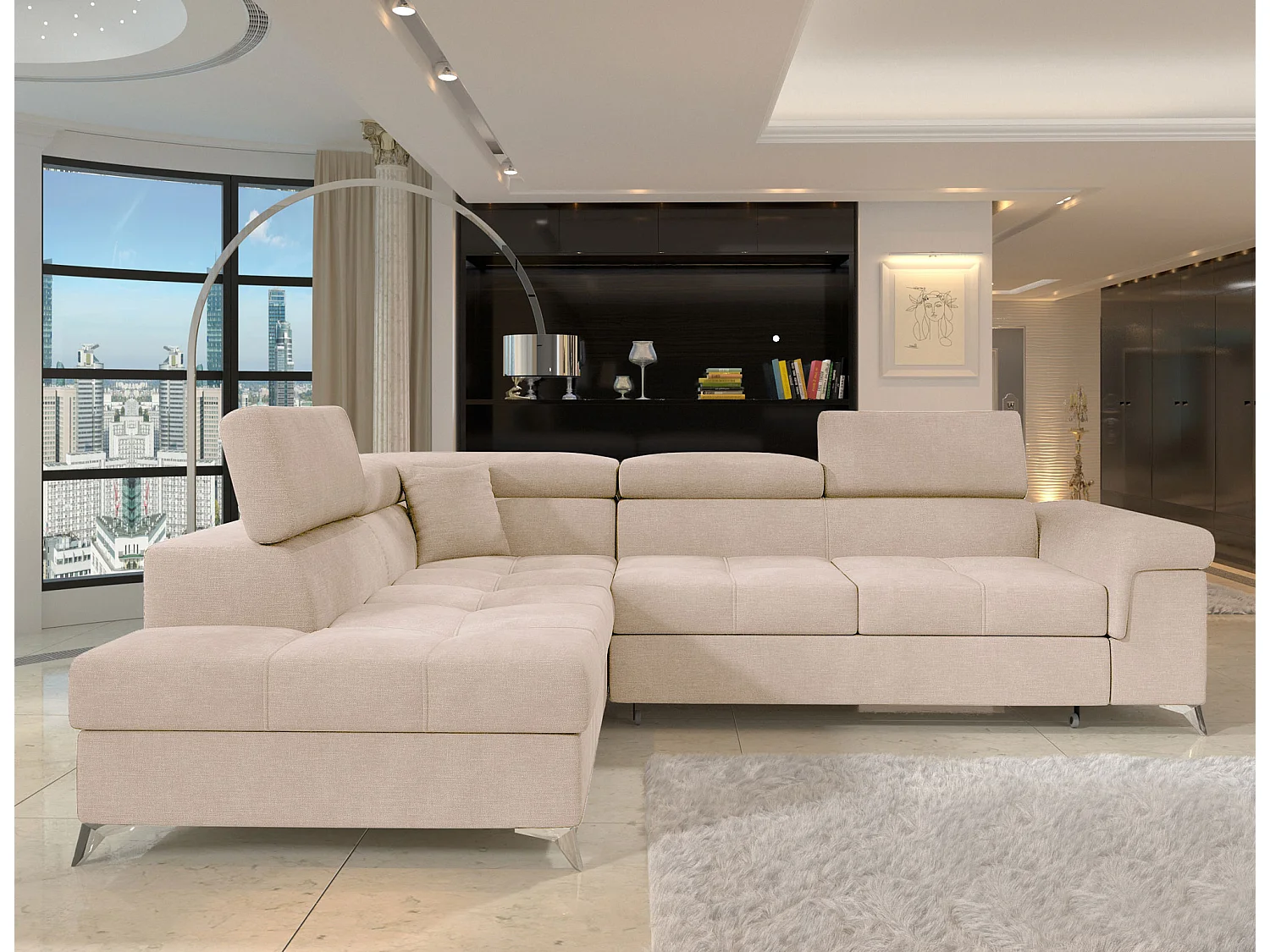 Canapé d’angle convertible MARIDO en velours avec coffre et têtières réglables – 275cm-Beige clair-angle gauche