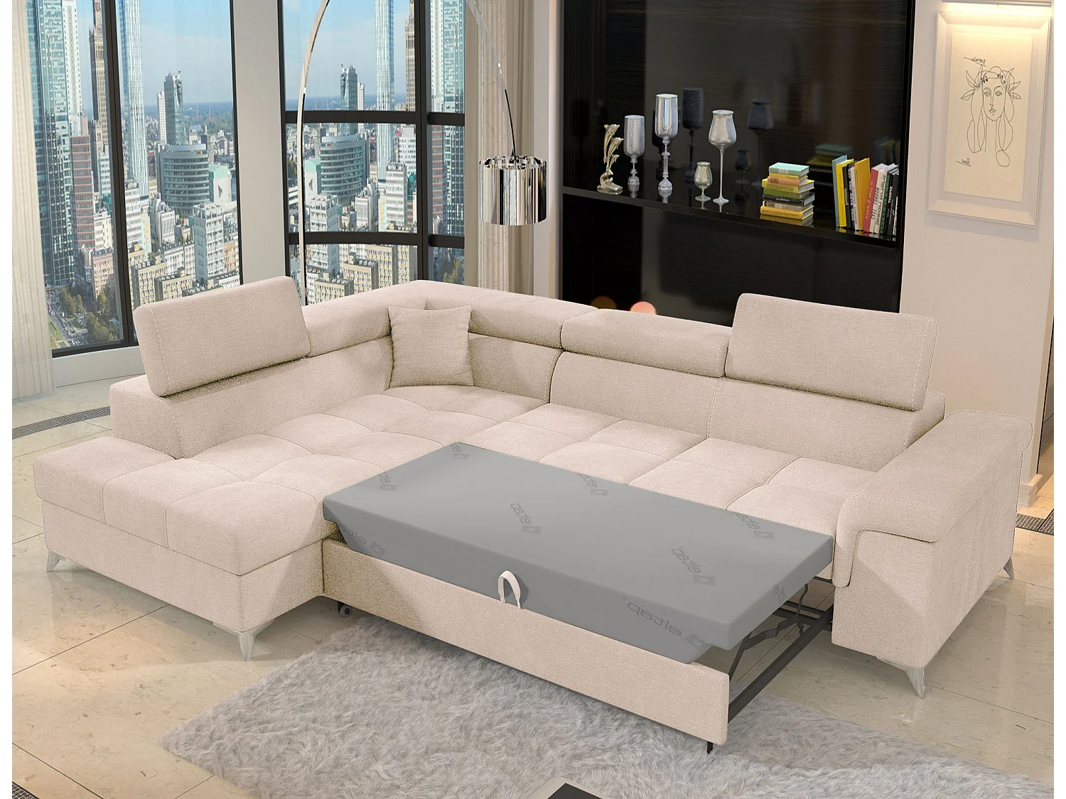 Canapé d’angle convertible MARIDO en velours avec coffre et têtières réglables – 275cm-Beige clair-angle gauche
