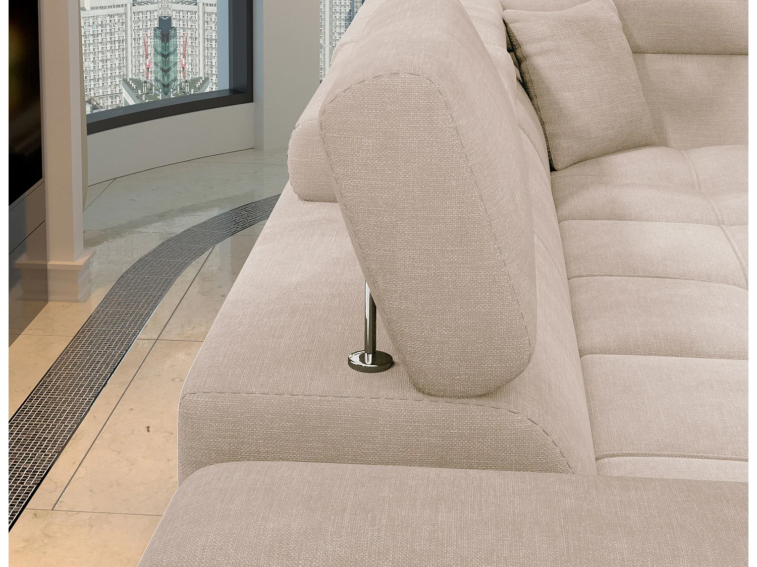 Canapé d’angle convertible MARIDO en velours avec coffre et têtières réglables – 275cm-Beige clair-angle gauche