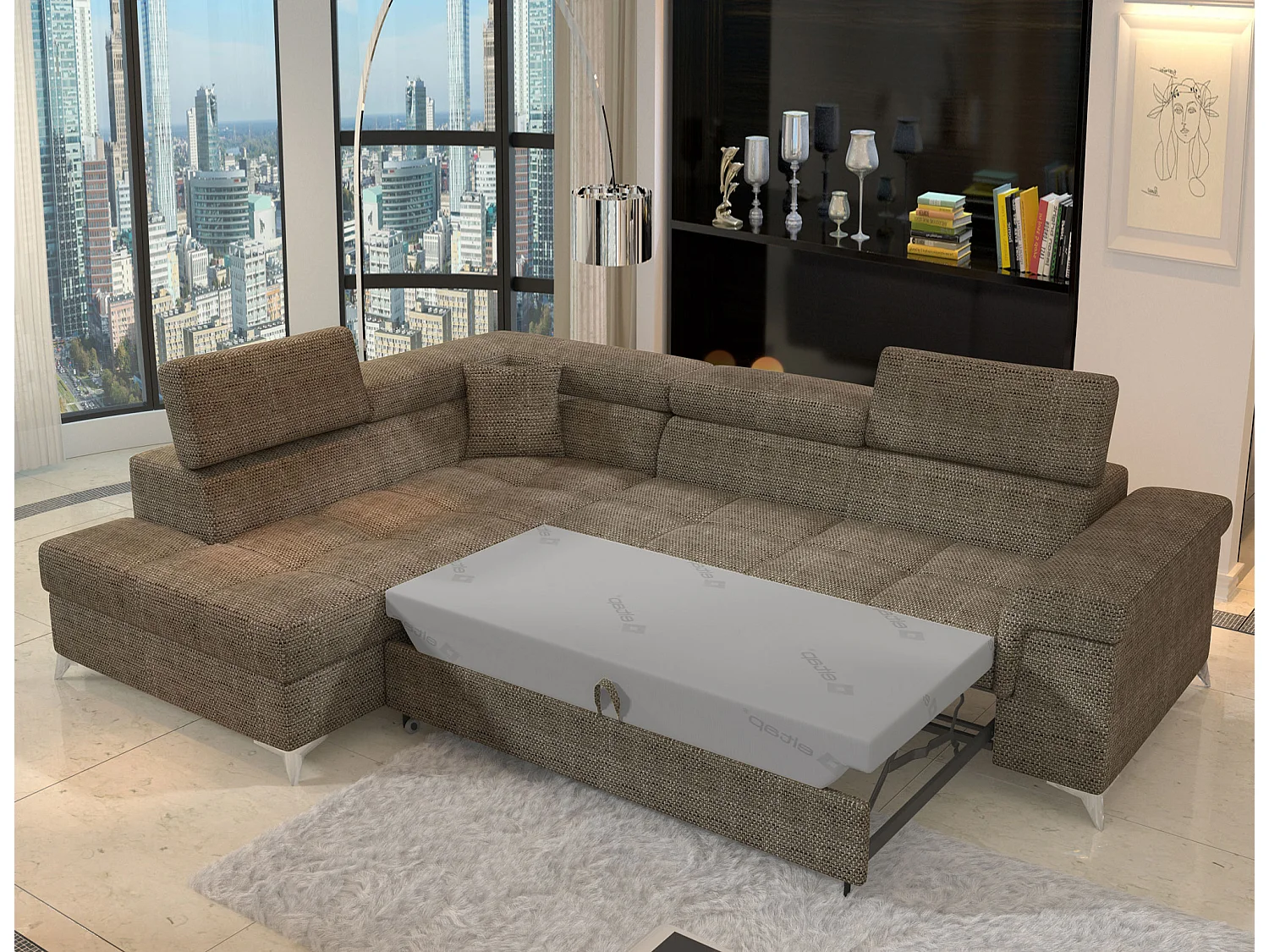 Canapé d’angle convertible MARIDO en tissu avec coffre et têtières réglables – 275cm-Beige chiné-angle gauche