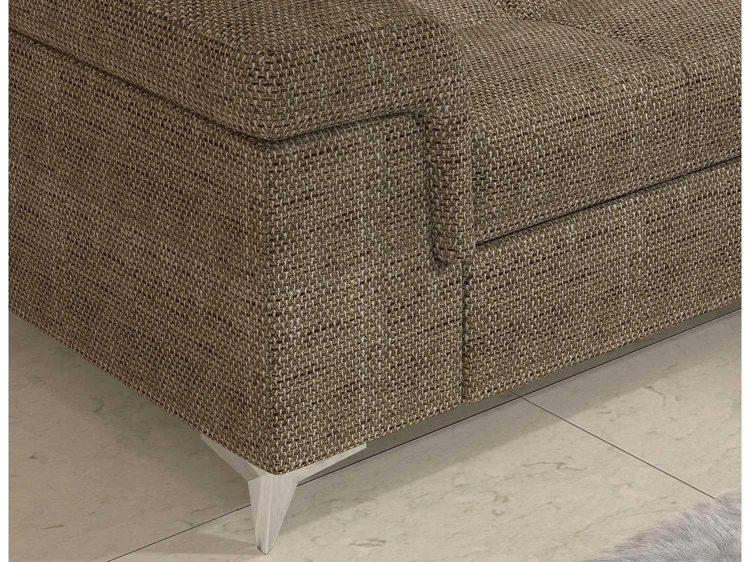 Canapé d’angle convertible MARIDO en tissu avec coffre et têtières réglables – 275cm-Beige chiné-angle gauche