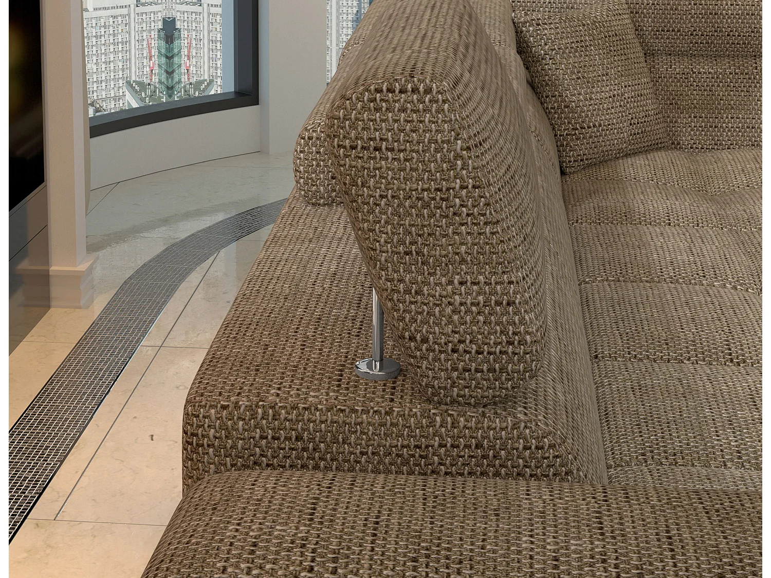 Canapé d’angle convertible MARIDO en tissu avec coffre et têtières réglables – 275cm-Beige chiné-angle gauche