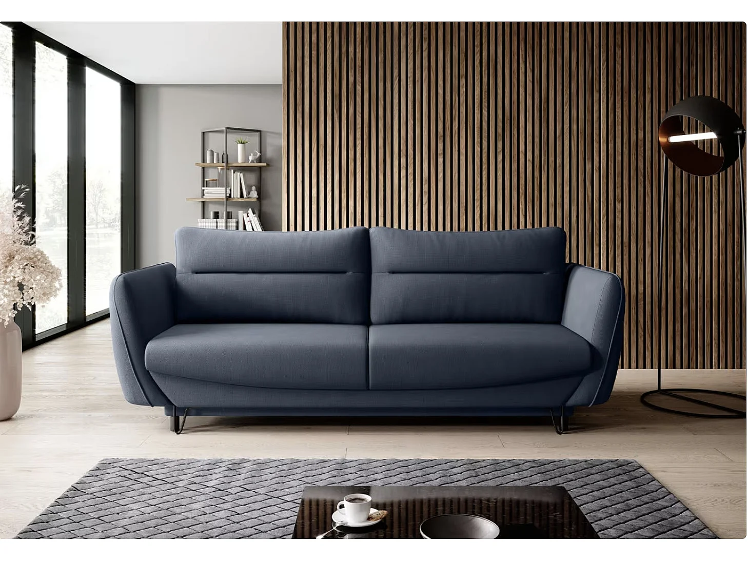 Canapé droit convertible 3 places tissu ZURIK 236cm - Coffre de rangement & pieds métal noir-Bleu turquin
