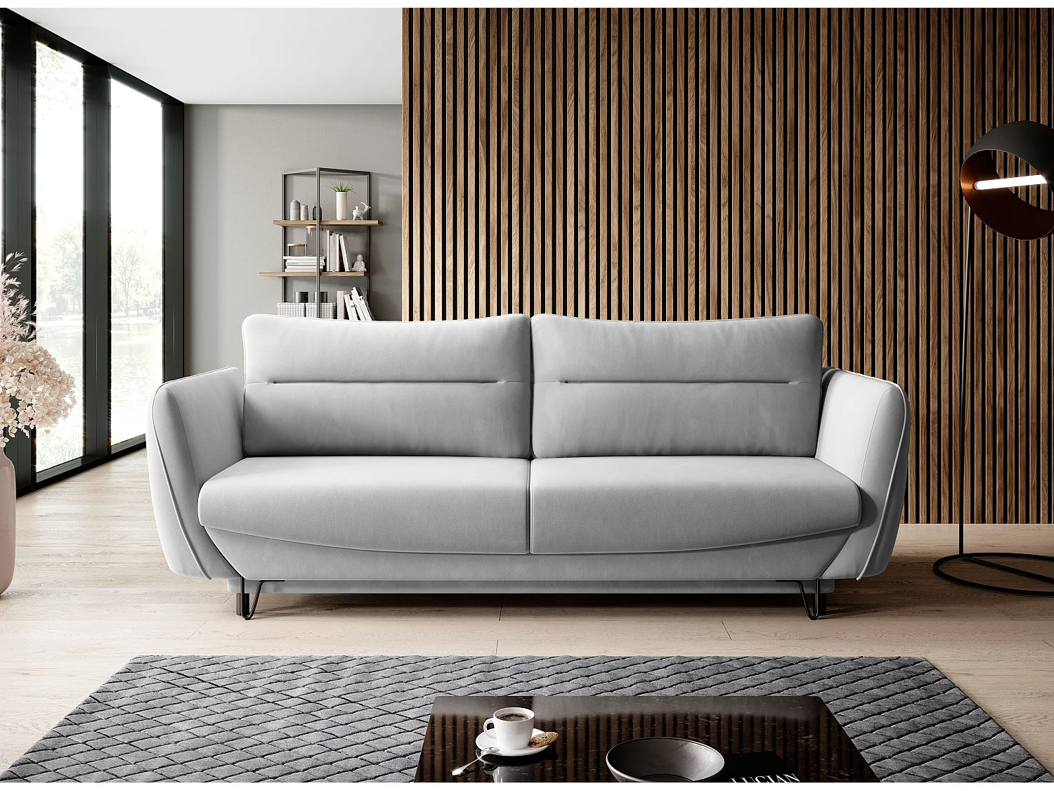 Canapé droit convertible 3 places tissu ZURIK 236cm - Coffre de rangement & pieds métal noir-Bleu turquin