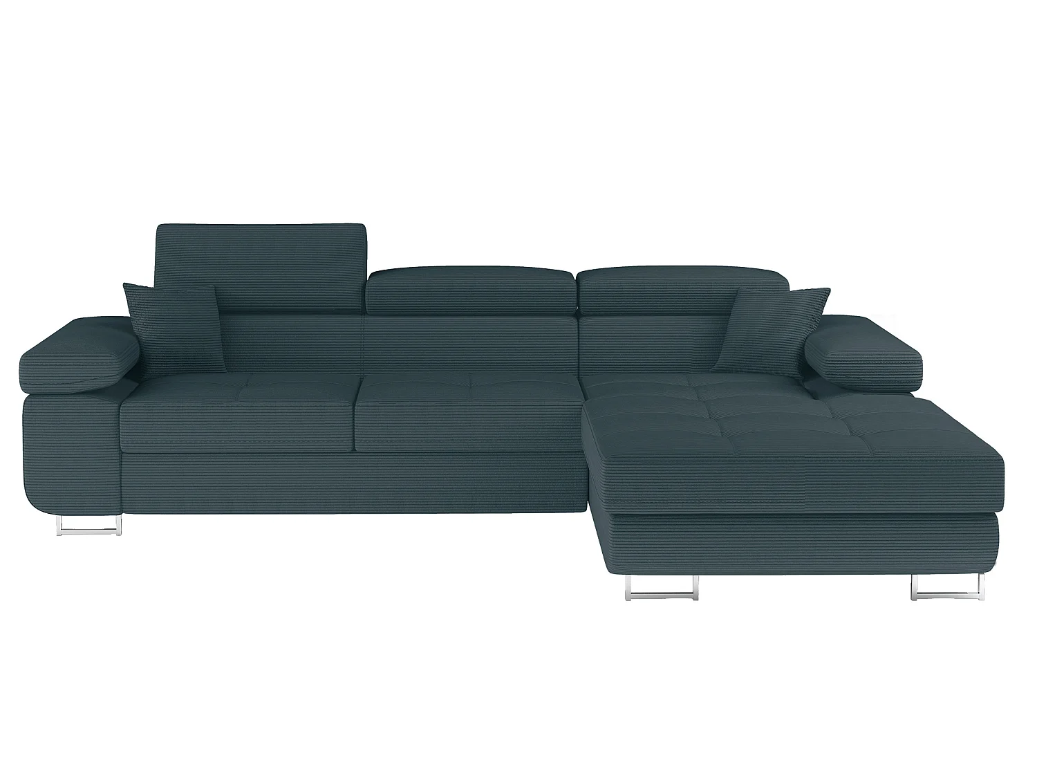 Canapé d’angle convertible KALIZO en tissu côtelé avec coffre, têtières réglables et pieds en acier chromé – 289cm-Vert sapin-angle droit