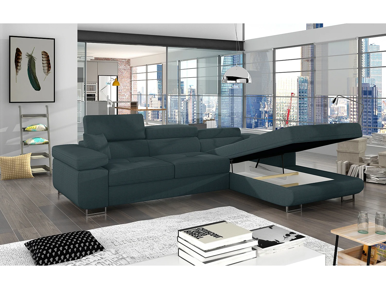 Canapé d’angle convertible KALIZO en tissu côtelé avec coffre, têtières réglables et pieds en acier chromé – 289cm-Vert sapin-angle droit