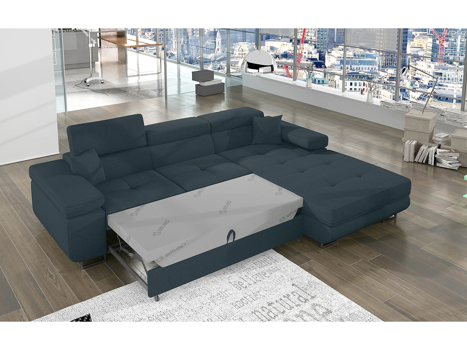 Canapé d’angle convertible KALIZO en tissu côtelé avec coffre, têtières réglables et pieds en acier chromé – 289cm-Vert sapin-angle droit