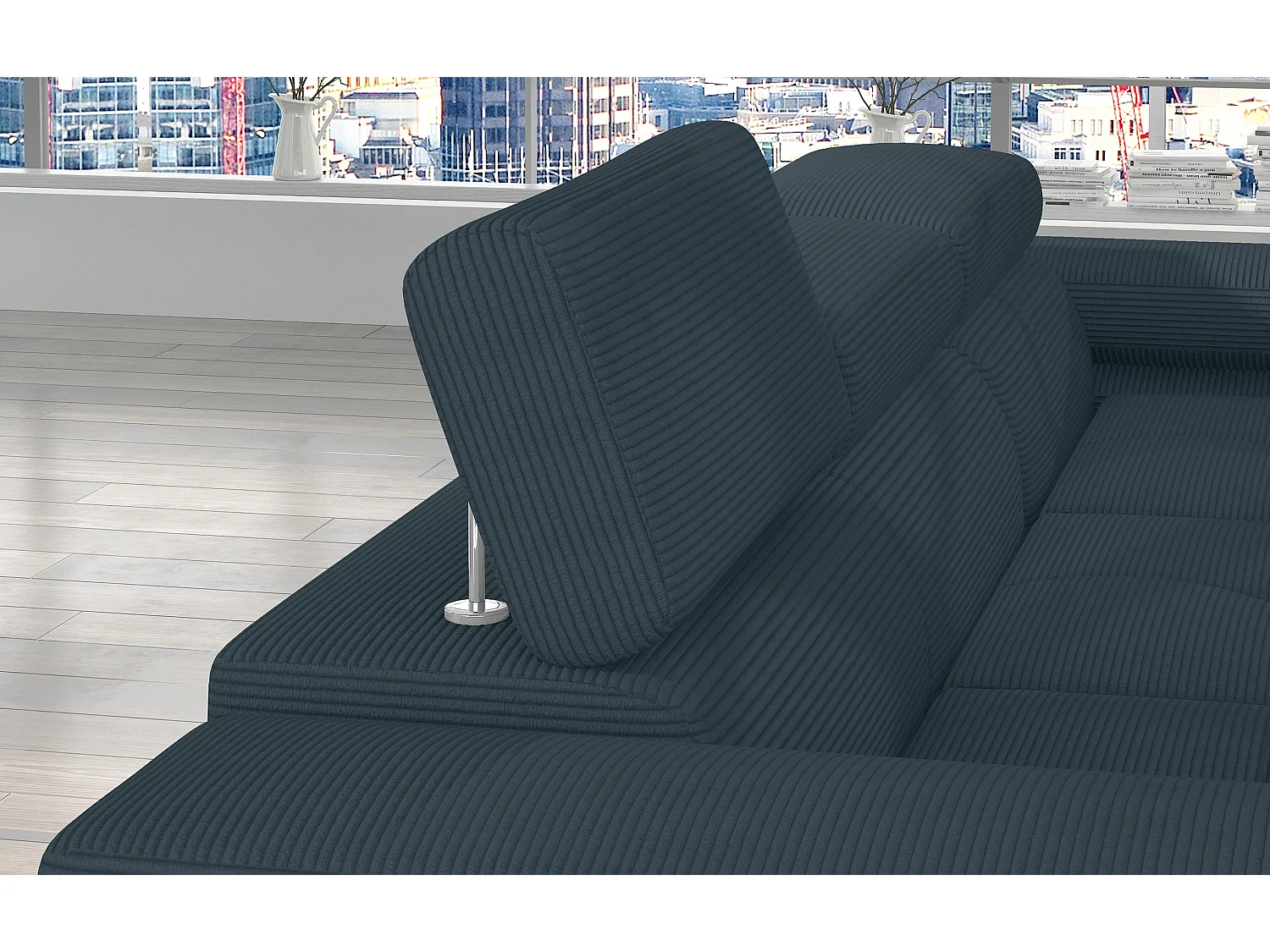 Canapé d’angle convertible KALIZO en tissu côtelé avec coffre, têtières réglables et pieds en acier chromé – 289cm-Vert sapin-angle droit