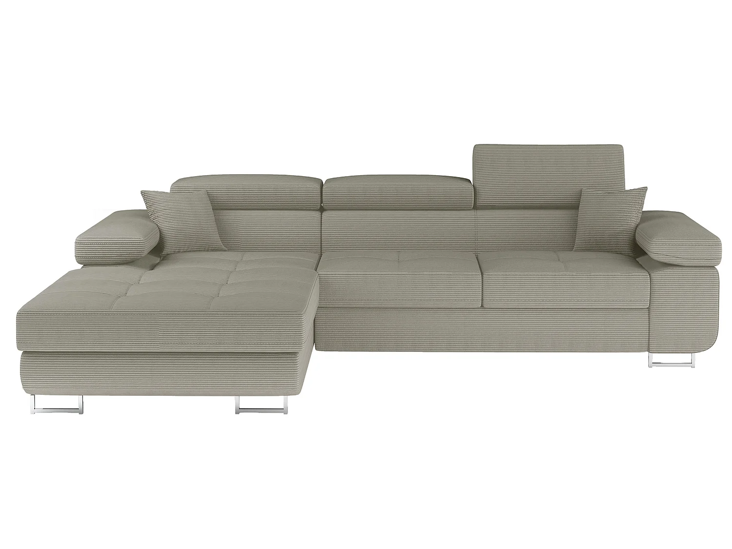Canapé d’angle convertible KALIZO en tissu côtelé avec coffre, têtières réglables et pieds en acier chromé – 289cm-Beige-angle gauche