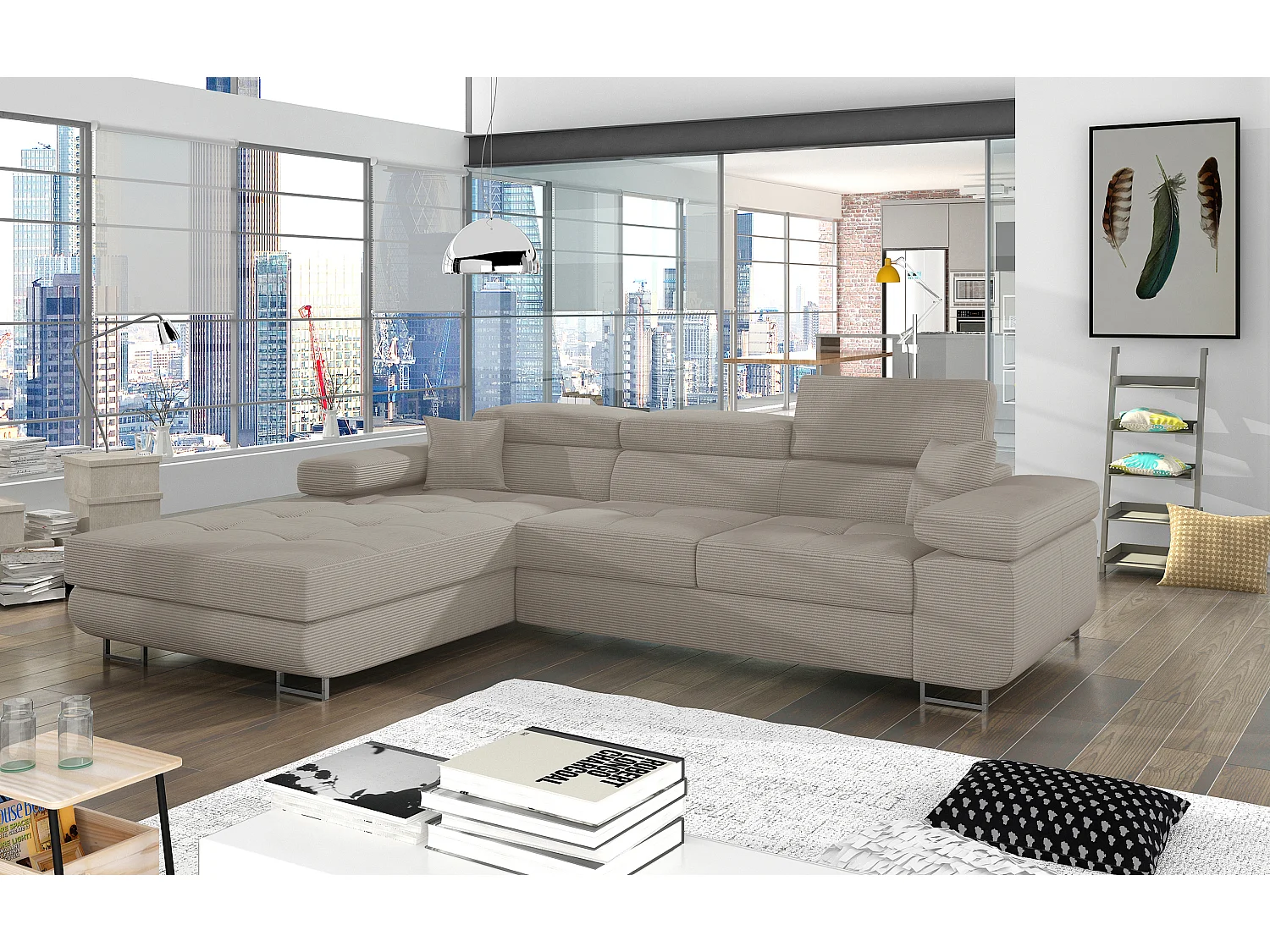 Canapé d’angle convertible KALIZO en tissu côtelé avec coffre, têtières réglables et pieds en acier chromé – 289cm-Beige-angle gauche