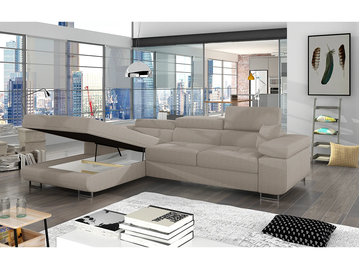 Canapé d’angle convertible KALIZO en tissu côtelé avec coffre, têtières réglables et pieds en acier chromé – 289cm-Beige-angle gauche