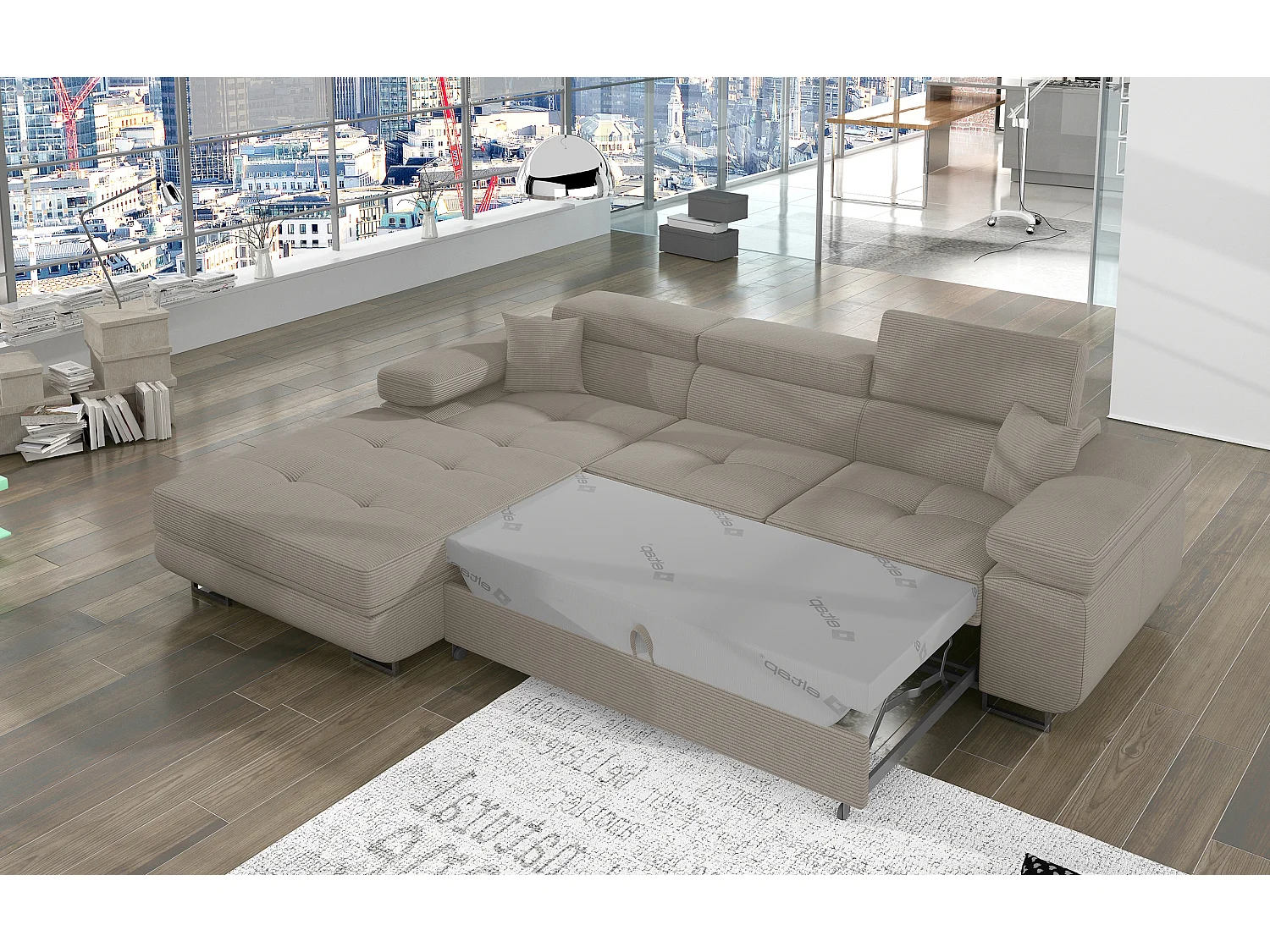 Canapé d’angle convertible KALIZO en tissu côtelé avec coffre, têtières réglables et pieds en acier chromé – 289cm-Beige-angle gauche