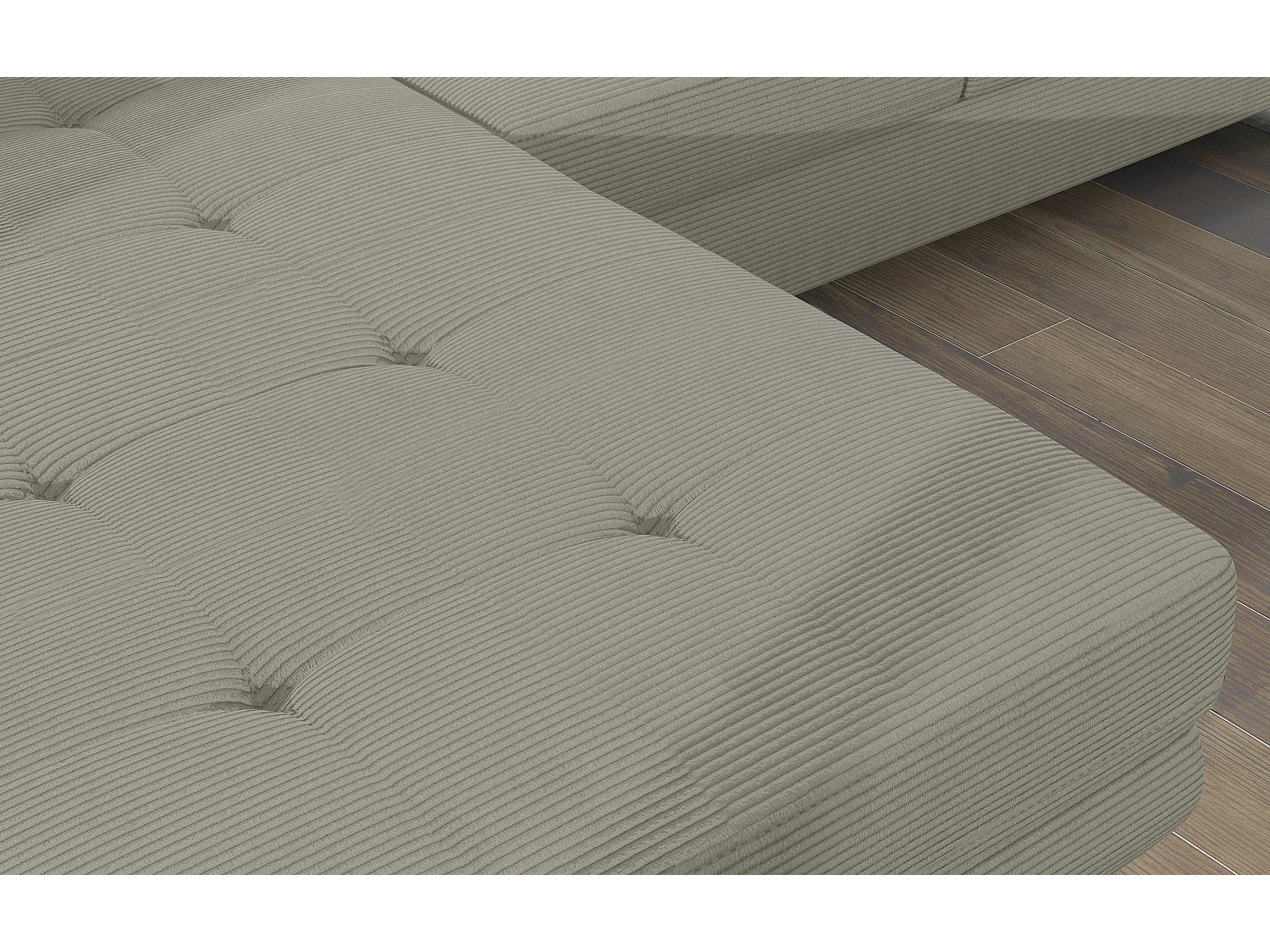 Canapé d’angle convertible KALIZO en tissu côtelé avec coffre, têtières réglables et pieds en acier chromé – 289cm-Beige-angle gauche
