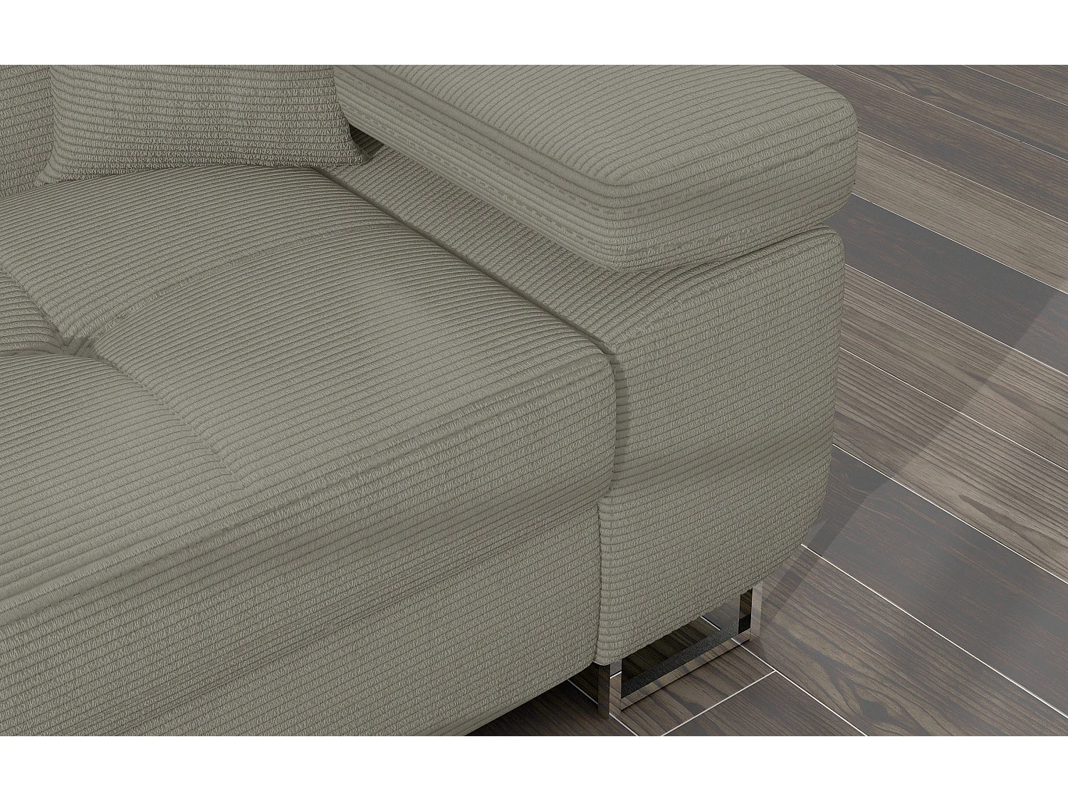 Canapé d’angle convertible KALIZO en tissu côtelé avec coffre, têtières réglables et pieds en acier chromé – 289cm-Beige-angle gauche