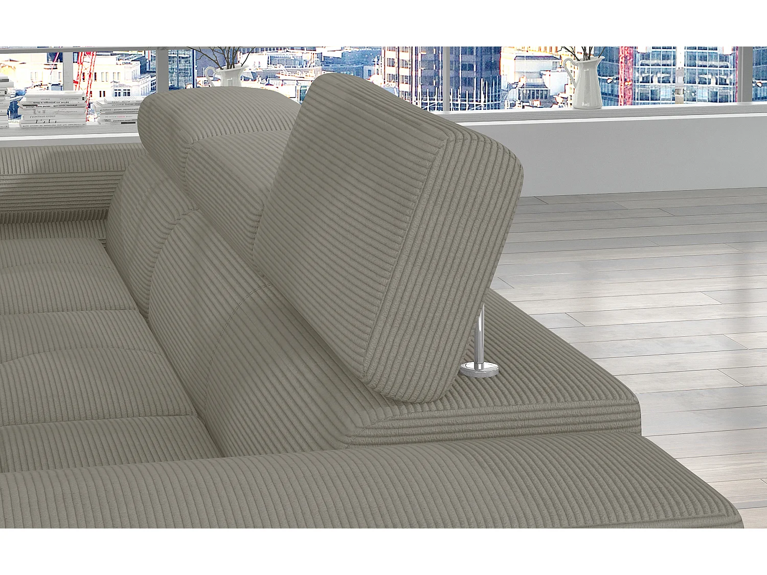 Canapé d’angle convertible KALIZO en tissu côtelé avec coffre, têtières réglables et pieds en acier chromé – 289cm-Beige-angle gauche