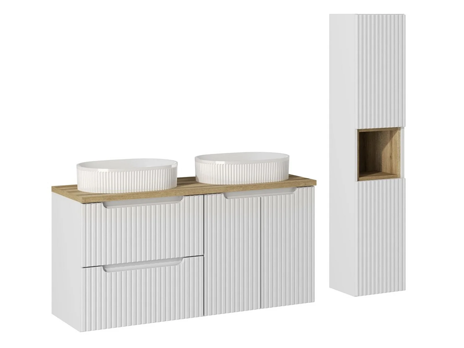 Ensemble salle de bain double vasque ovale blanche NOVA 150cm avec meubles suspendus et colonne-Blanc
