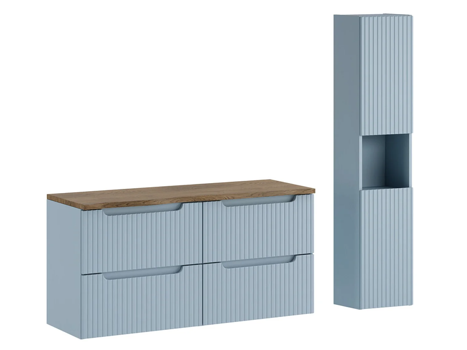 Conjunto de baño suspendido NOVA Denim de 150 cm – Almacenamiento, encimera de roble Casella