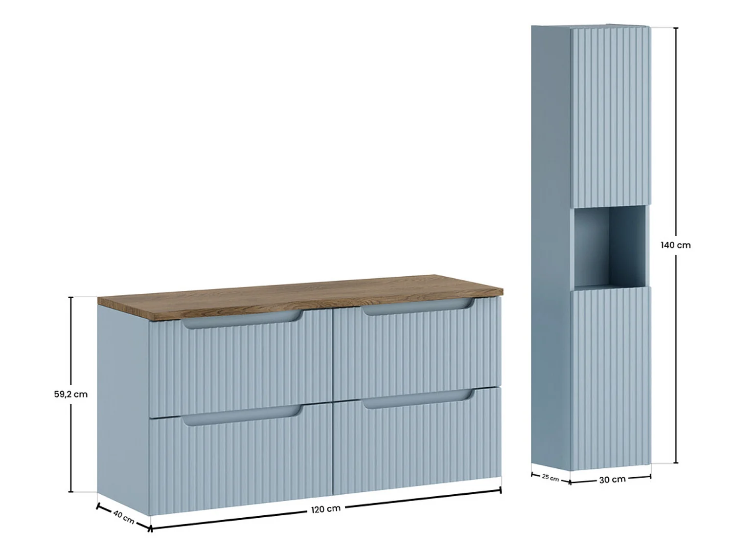 Conjunto de baño suspendido NOVA Denim de 150 cm – Almacenamiento, encimera de roble Casella