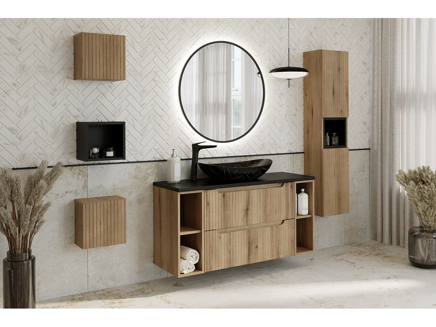 NOVA wandgemonteerd badkamermeubel in naturel eikenhout, 60 cm, met MONA zwart-gouden wastafel en opbergzuil.