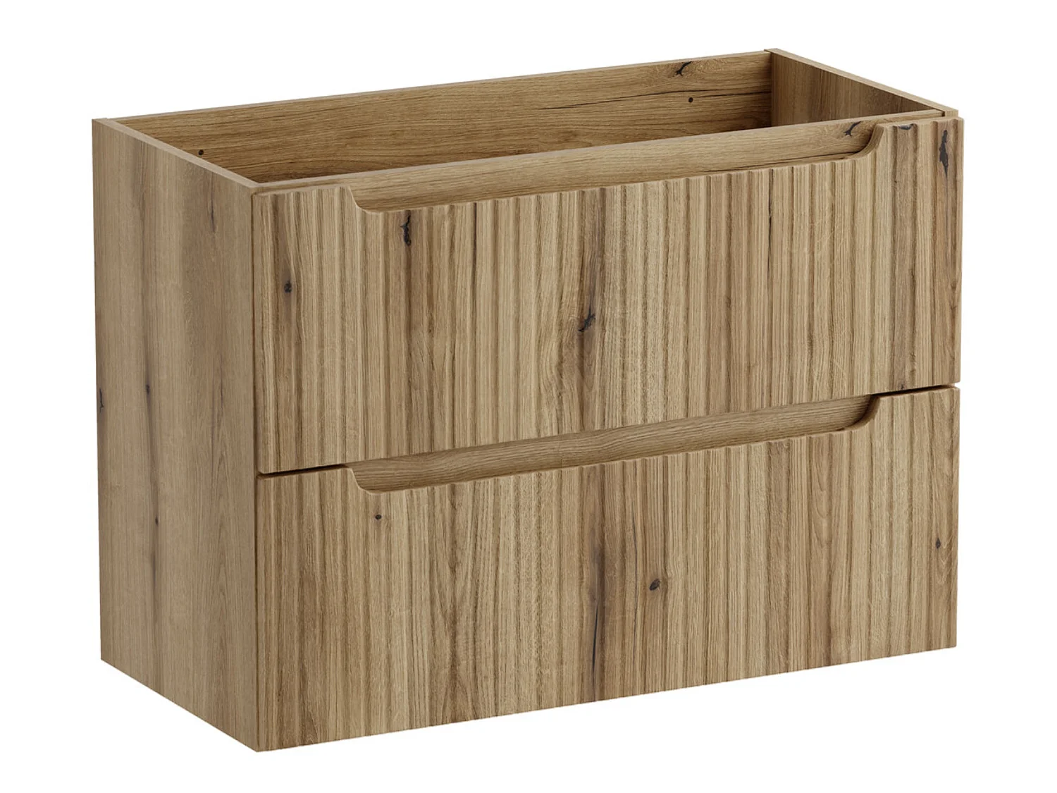 NOVA wandgemonteerd badkamermeubel in naturel eikenhout, 60 cm, met MONA zwart-gouden wastafel en opbergzuil.
