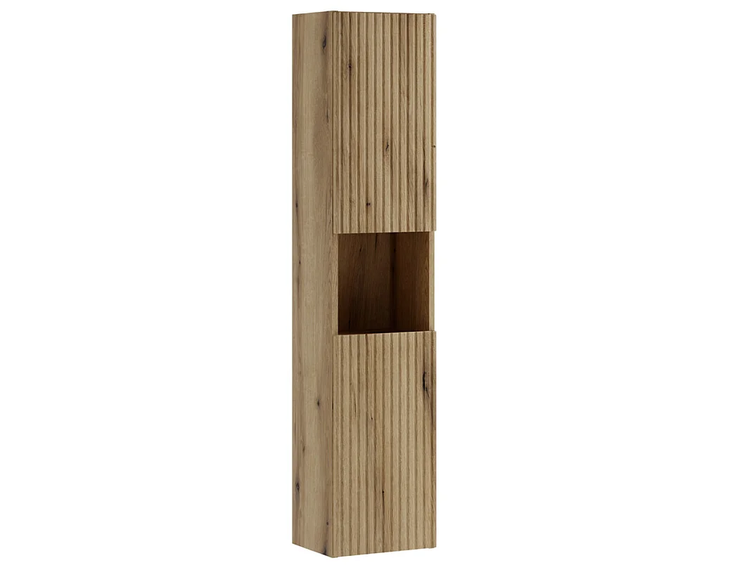 NOVA wandgemonteerd badkamermeubel in naturel eikenhout, 60 cm, met MONA zwart-gouden wastafel en opbergzuil.