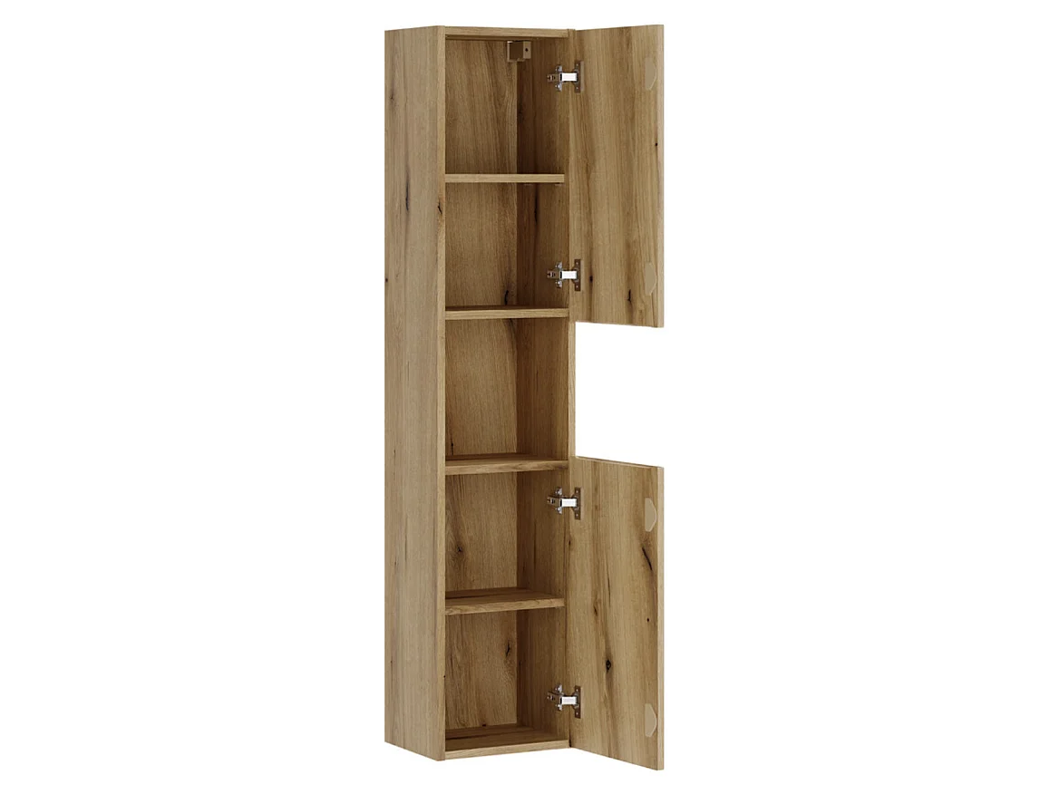 NOVA wandgemonteerd badkamermeubel in naturel eikenhout, 60 cm, met MONA zwart-gouden wastafel en opbergzuil.