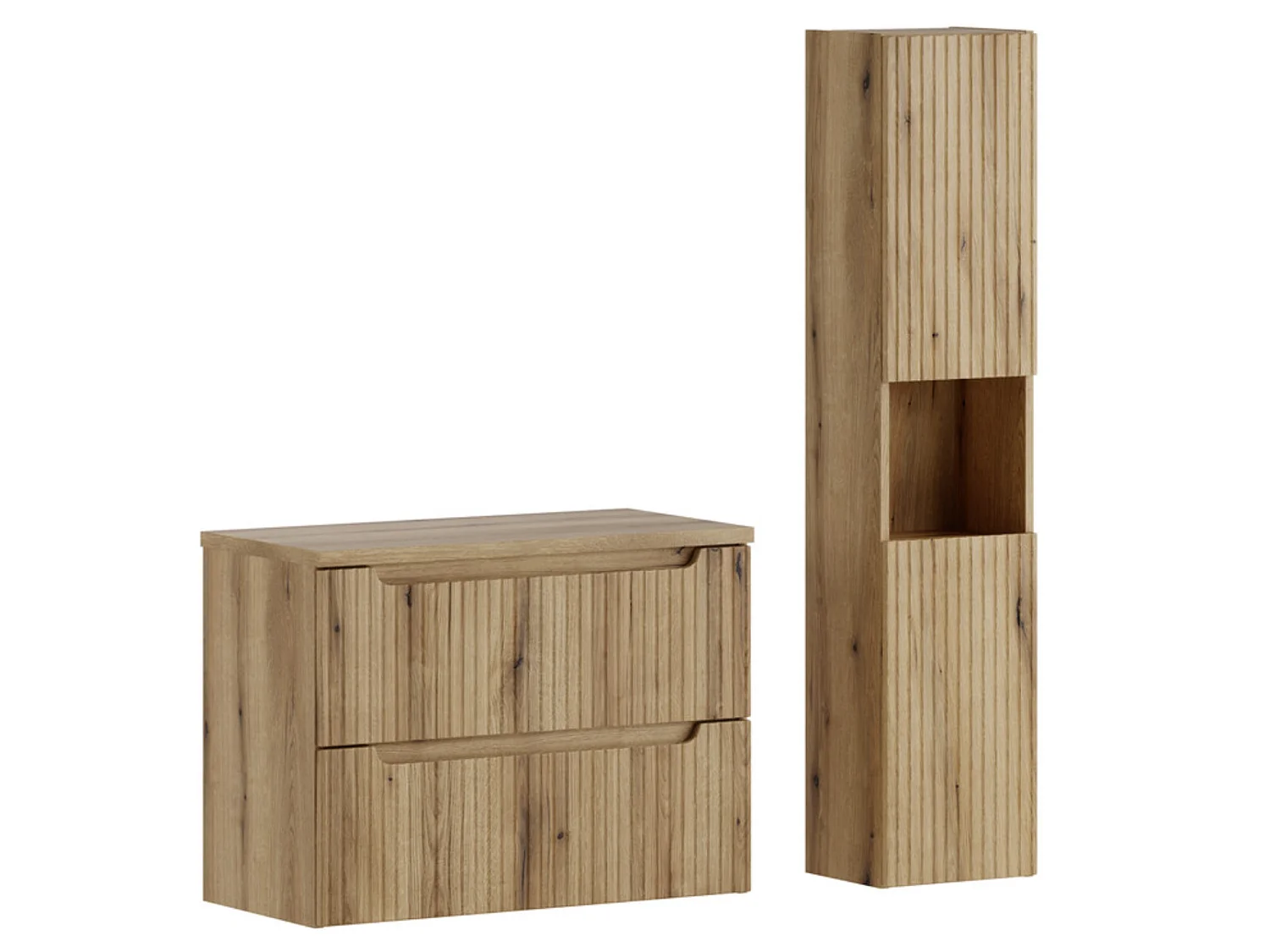 Mueble de baño suspendido NOVA en roble natural, 80 cm, con columna de almacenamiento.