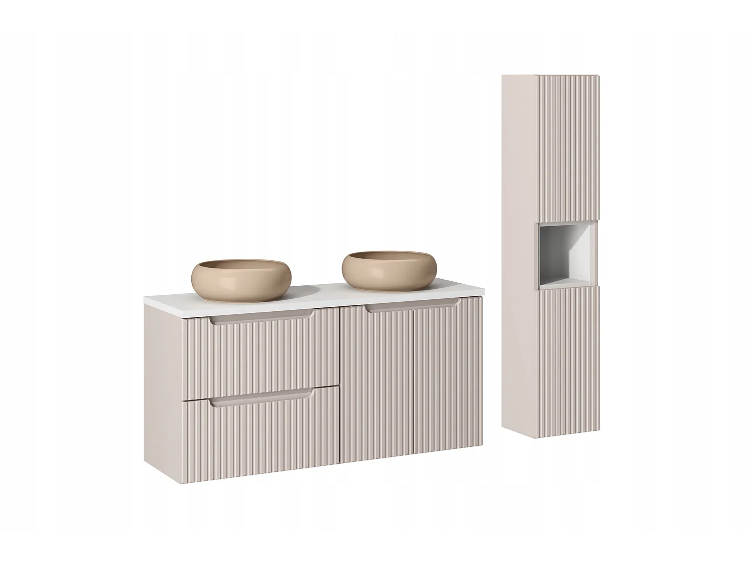 Ensemble meuble salle de bain suspendu NOVA 150cm – Double vasque ronde cappuccino avec colonne et rangements