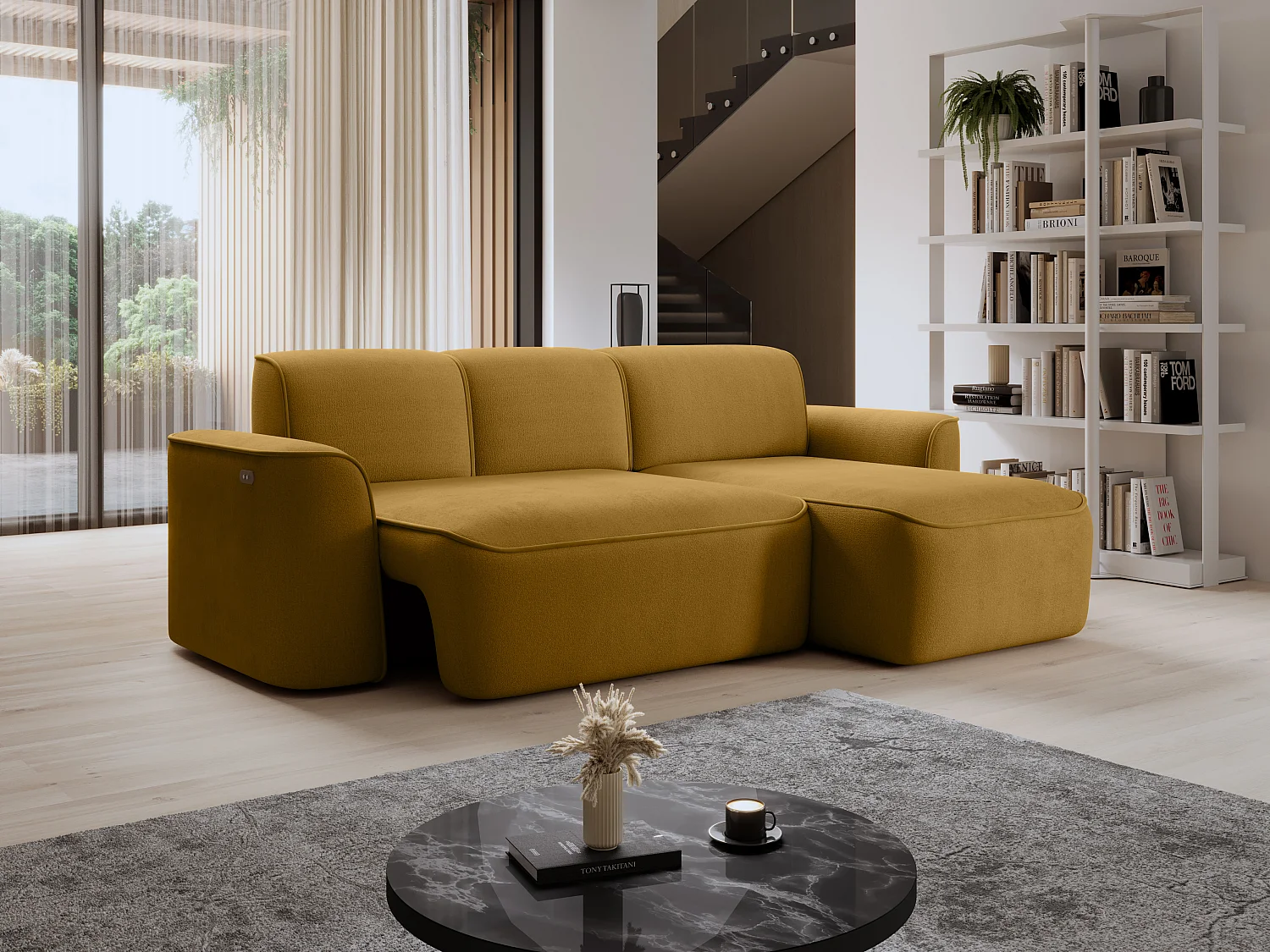 Canapé d’angle relax électrique DUMAS en tissu – 287cm-Jaune moutarde-angle droit