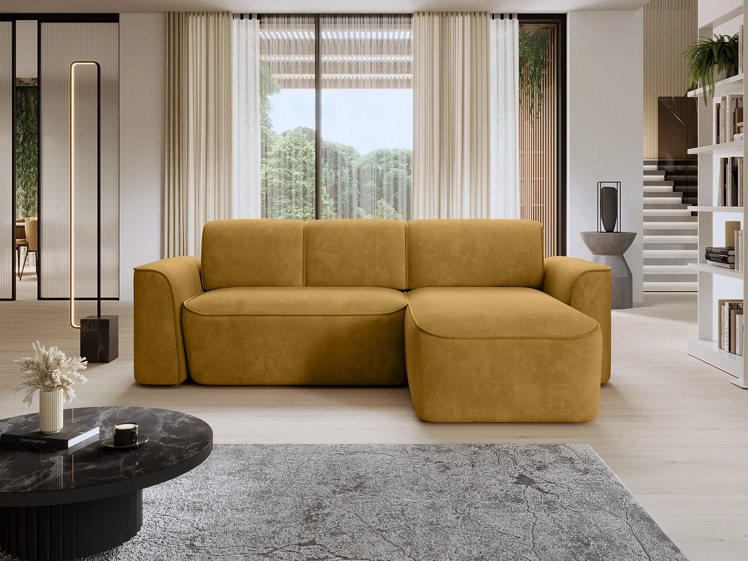 Canapé d’angle relax électrique DUMAS en tissu – 287cm-Jaune moutarde-angle droit