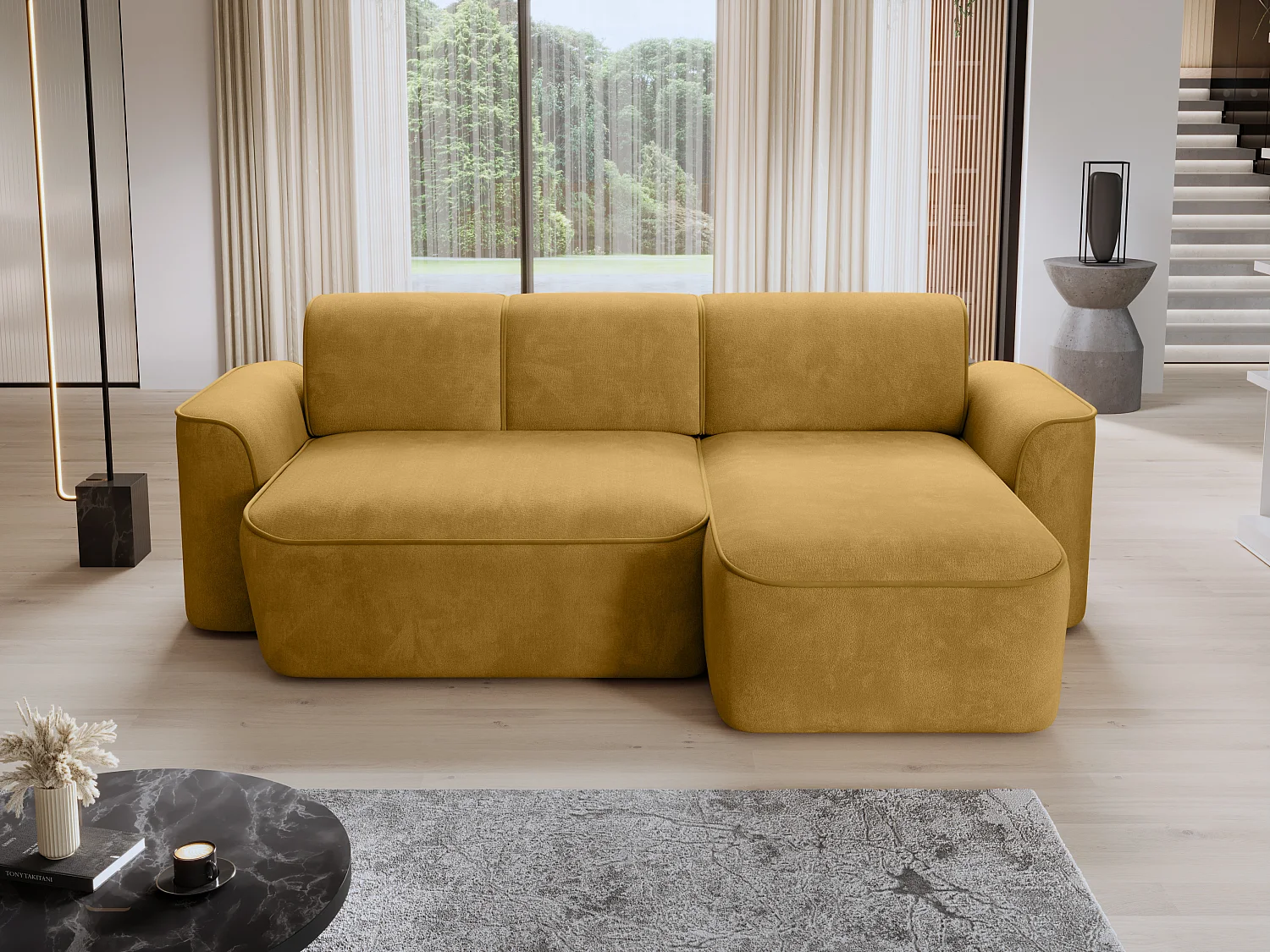 Canapé d’angle relax électrique DUMAS en tissu – 287cm-Jaune moutarde-angle droit