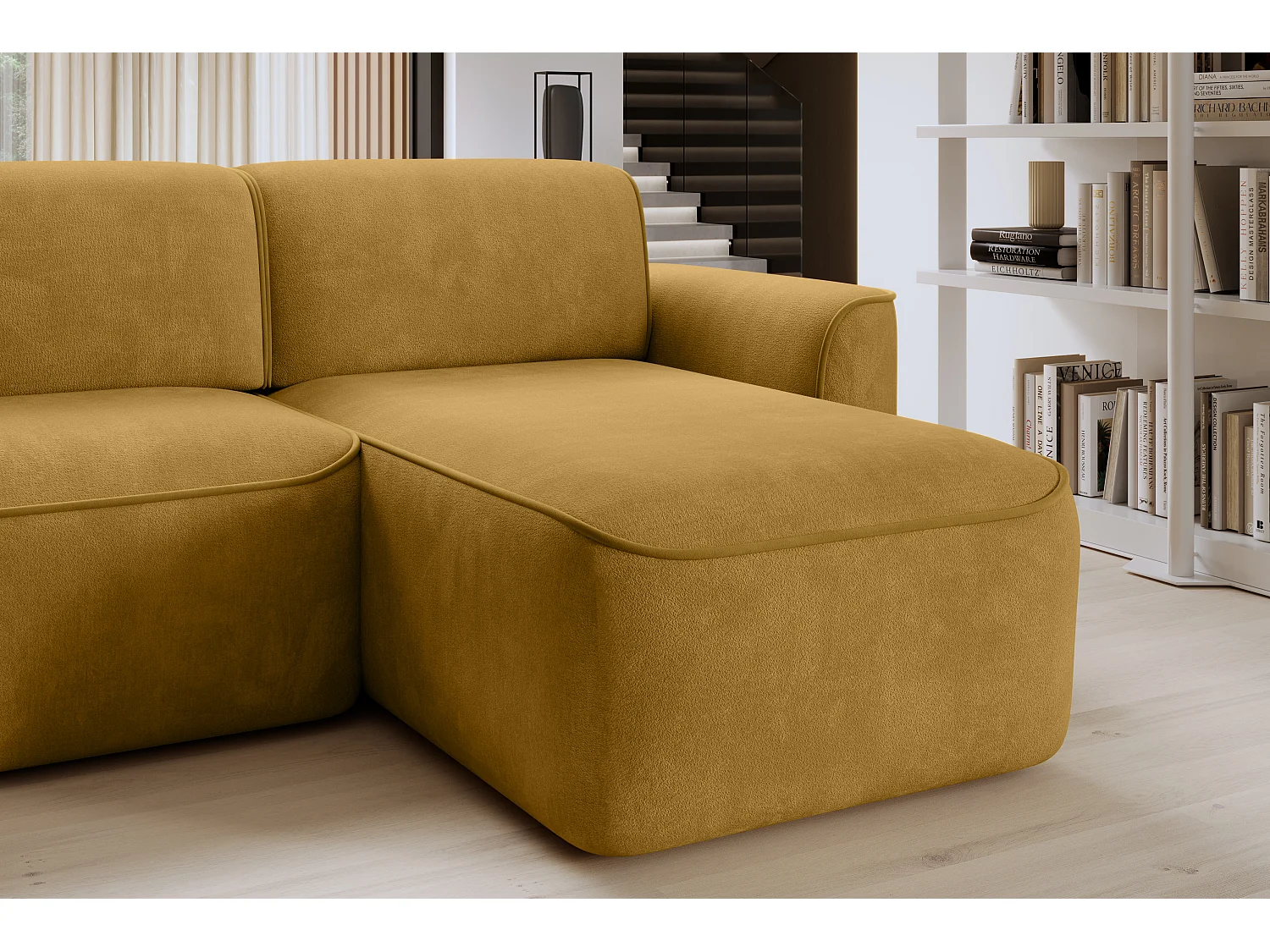 Canapé d’angle relax électrique DUMAS en tissu – 287cm-Jaune moutarde-angle droit