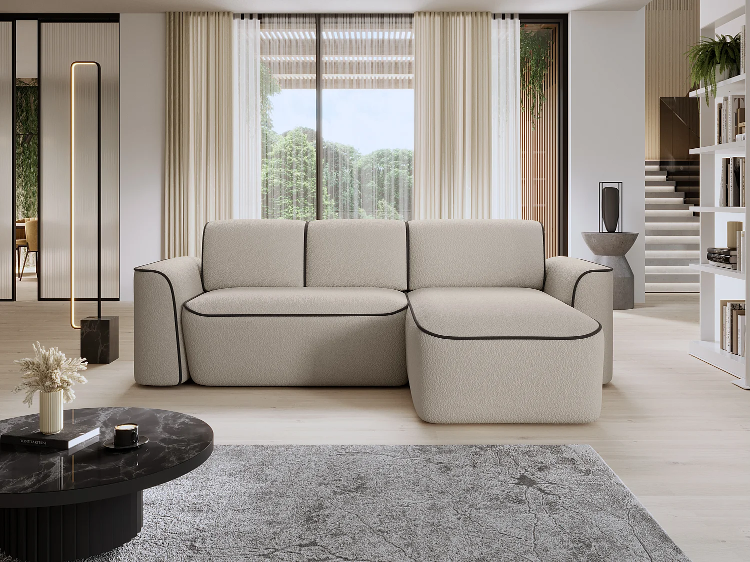 Sofá esquinero eléctrico de tela DUMAS - Innovación en bienestar-Beige/Marrón-Ángulos rectos