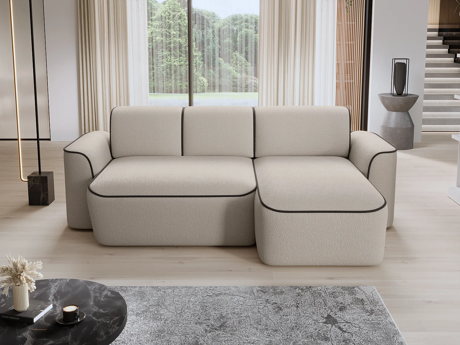 Sofá esquinero eléctrico de tela DUMAS - Innovación en bienestar-Beige/Marrón-Ángulos rectos