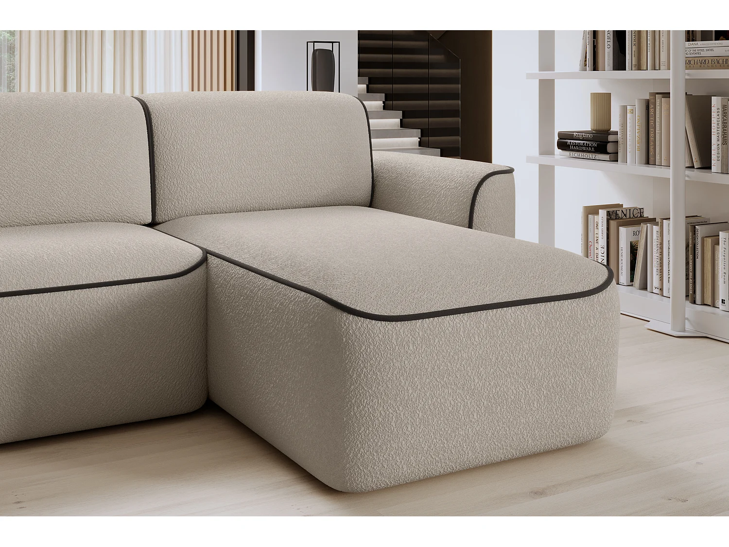 Sofá esquinero eléctrico de tela DUMAS - Innovación en bienestar-Beige/Marrón-Ángulos rectos