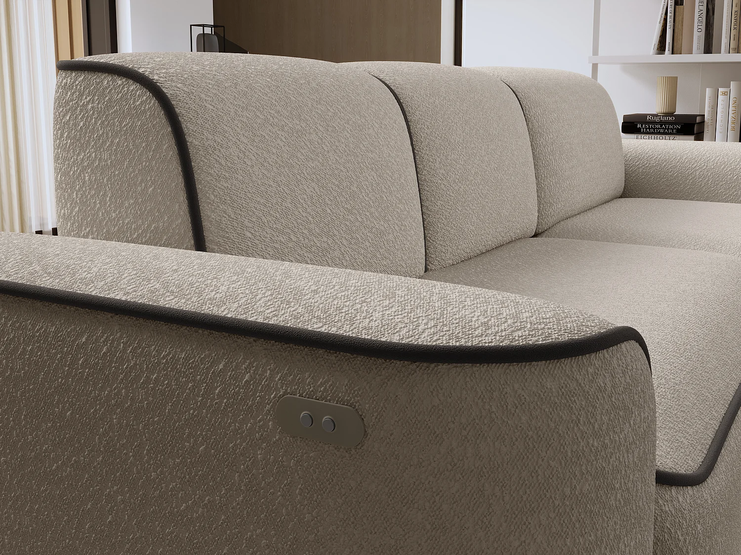 Sofá esquinero eléctrico de tela DUMAS - Innovación en bienestar-Beige/Marrón-Ángulos rectos