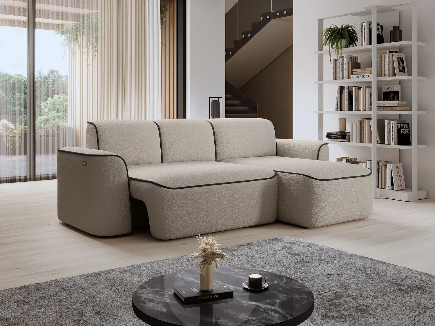 Sofá esquinero eléctrico de tela DUMAS - Innovación en bienestar-Beige/Marrón-Ángulos rectos