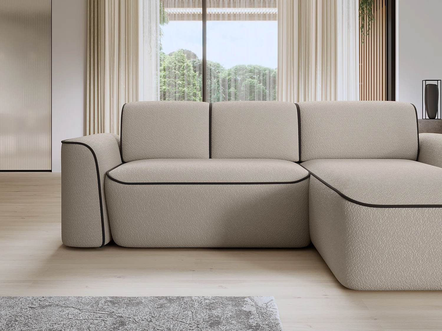 Sofá esquinero eléctrico de tela DUMAS - Innovación en bienestar-Beige/Marrón-Ángulos rectos