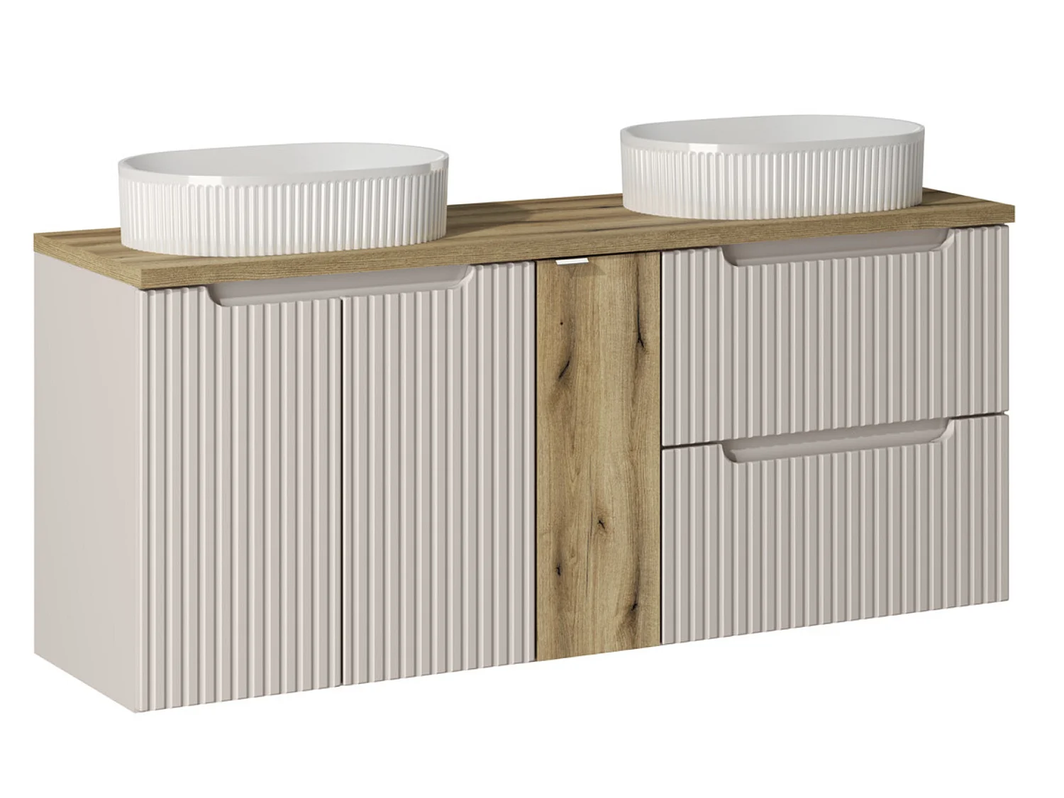 Ensemble meuble salle de bain 140cm NOVA suspendu – Double vasque ovale blanche, plan et rangements-Taupe/Naturel
