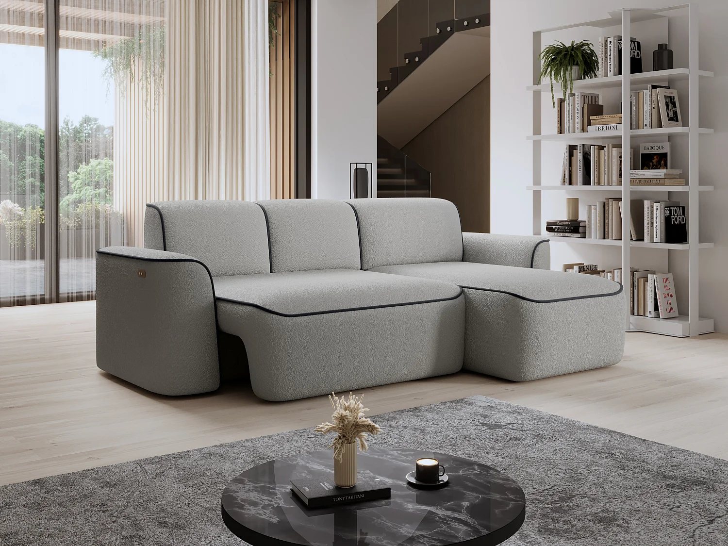 Canapé d’angle relax électrique DUMAS en tissu – 287cm-Gris/Gris foncé-angle droit