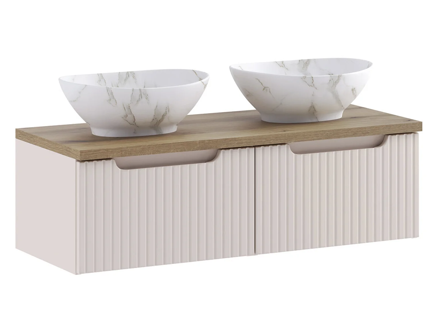 Meuble salle de bain double vasque suspendu NOVA taupe 100cm avec plan Chêne Casella et vasques PATI