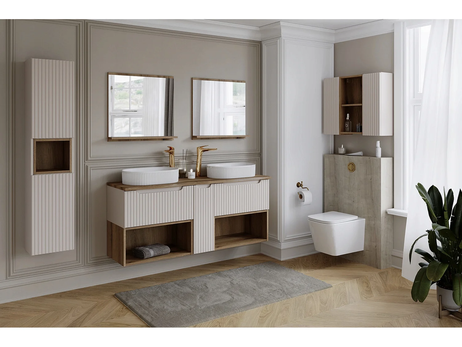 Meuble salle de bain double vasque suspendu NOVA taupe 100cm avec plan Chêne Casella et vasques PATI