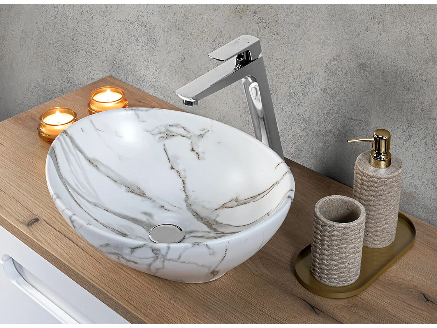 Meuble salle de bain double vasque suspendu NOVA taupe 100cm avec plan Chêne Casella et vasques PATI