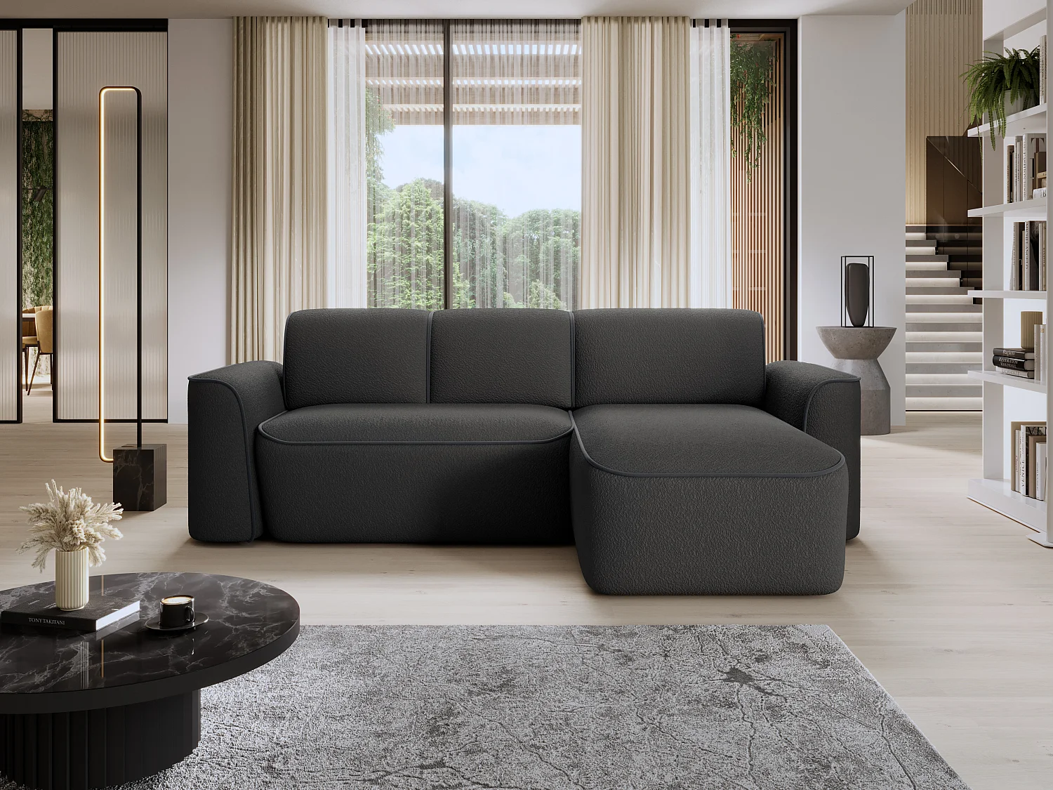 Canapé d’angle relax électrique DUMAS en tissu – 287cm-Gris foncé-angle droit