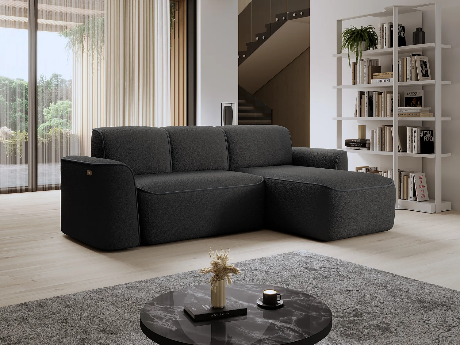 Canapé d’angle relax électrique DUMAS en tissu – 287cm-Gris foncé-angle droit