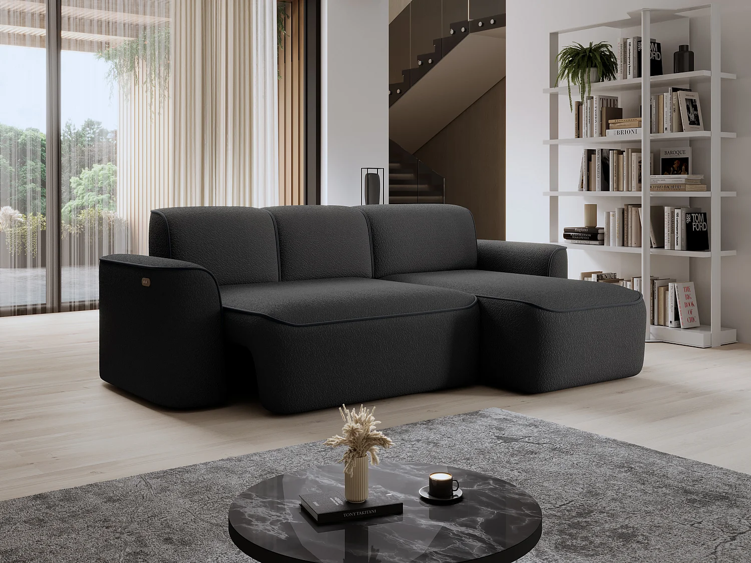 Canapé d’angle relax électrique DUMAS en tissu – 287cm-Gris foncé-angle droit
