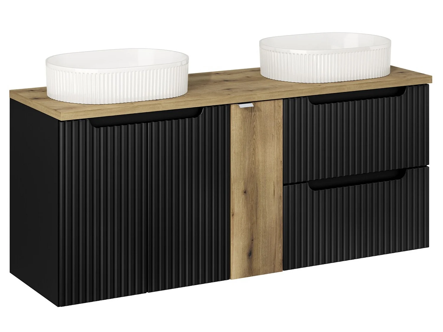 Ensemble meuble salle de bain 140cm NOVA suspendu – Double vasque ovale blanche, plan et rangements-Noir/Naturel