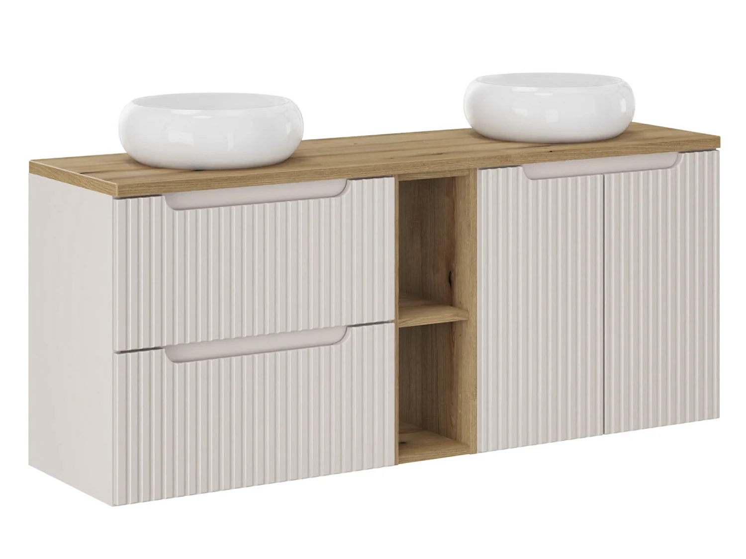 Ensemble meuble salle de bain suspendu taupe et Chêne NOVA 140cm – Double vasque ronde blanche, plan, rangements
