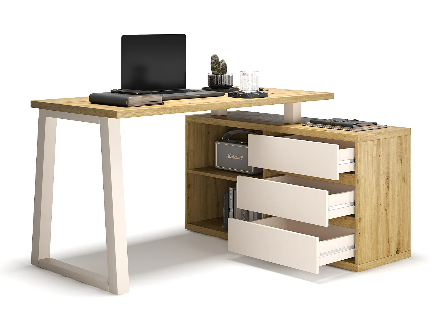 Bureau d’angle WOKY – Rangement intelligent-Naturel/Blanc