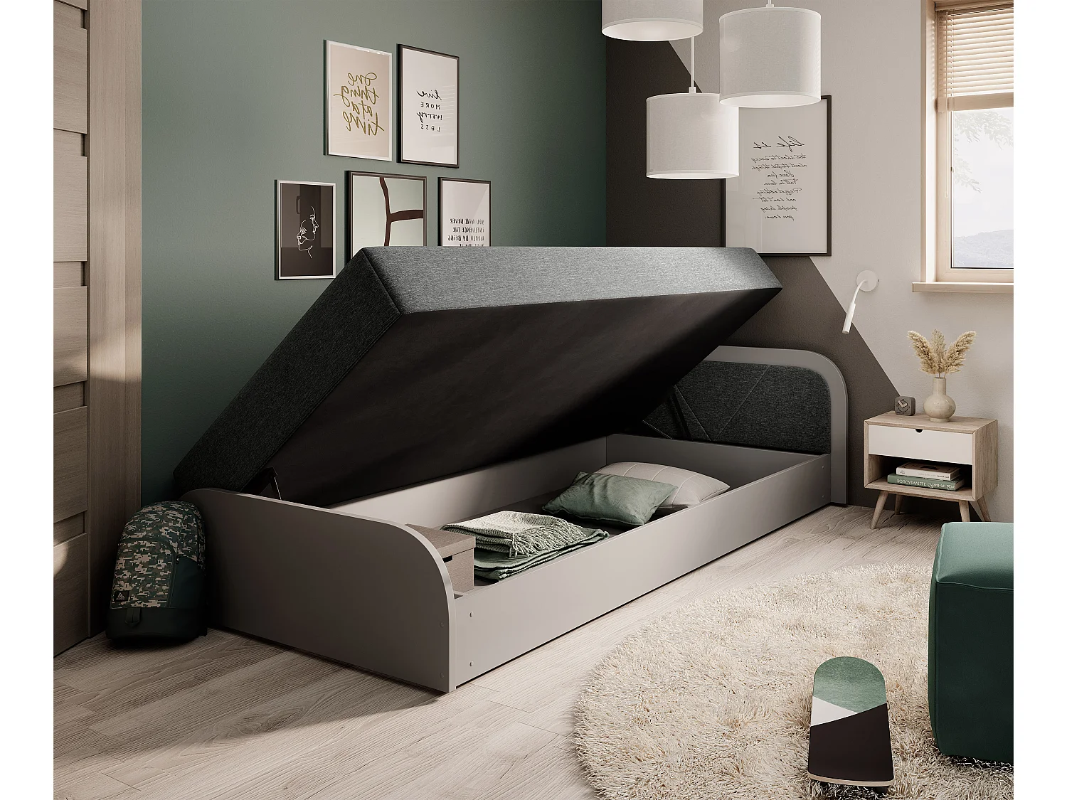 Lit 1 place avec coffre de rangement Parko – Confort et Praticité-Gris/Gris chiné-Modéle Coté gauche